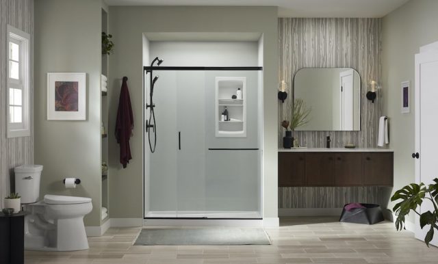 Ice Grey shower walls with Matte Black fixtures and accessories'