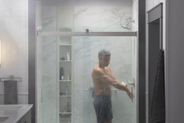 man in steamy shower