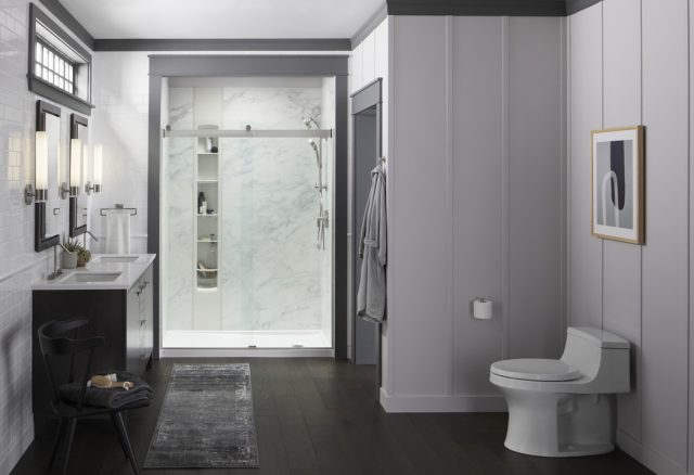 neutral grey bathroom design with a LuxStone shower'